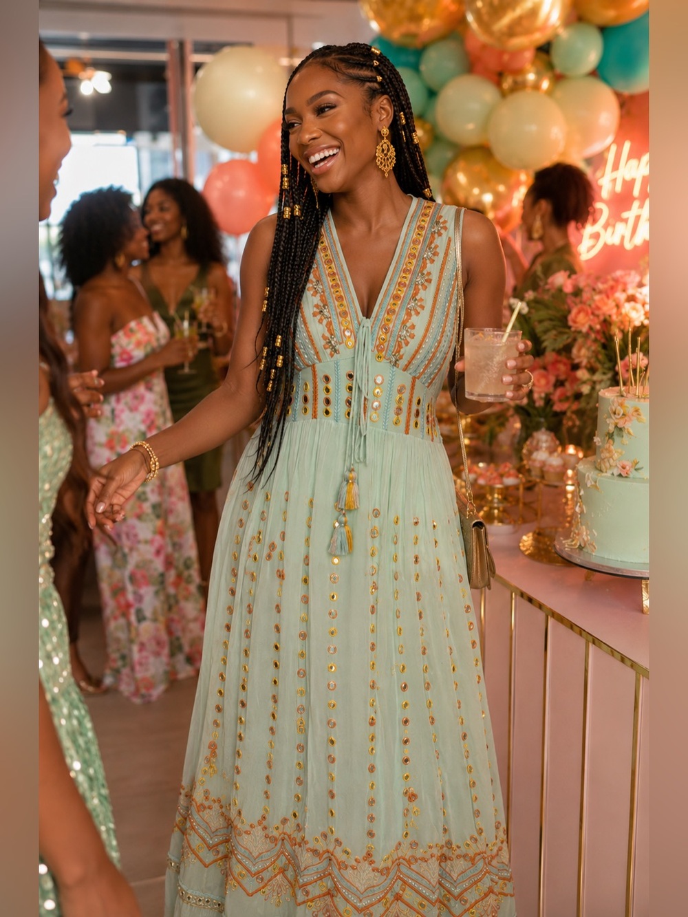 NWT Luxe Mint Maxi Dress with Gold Embellishment